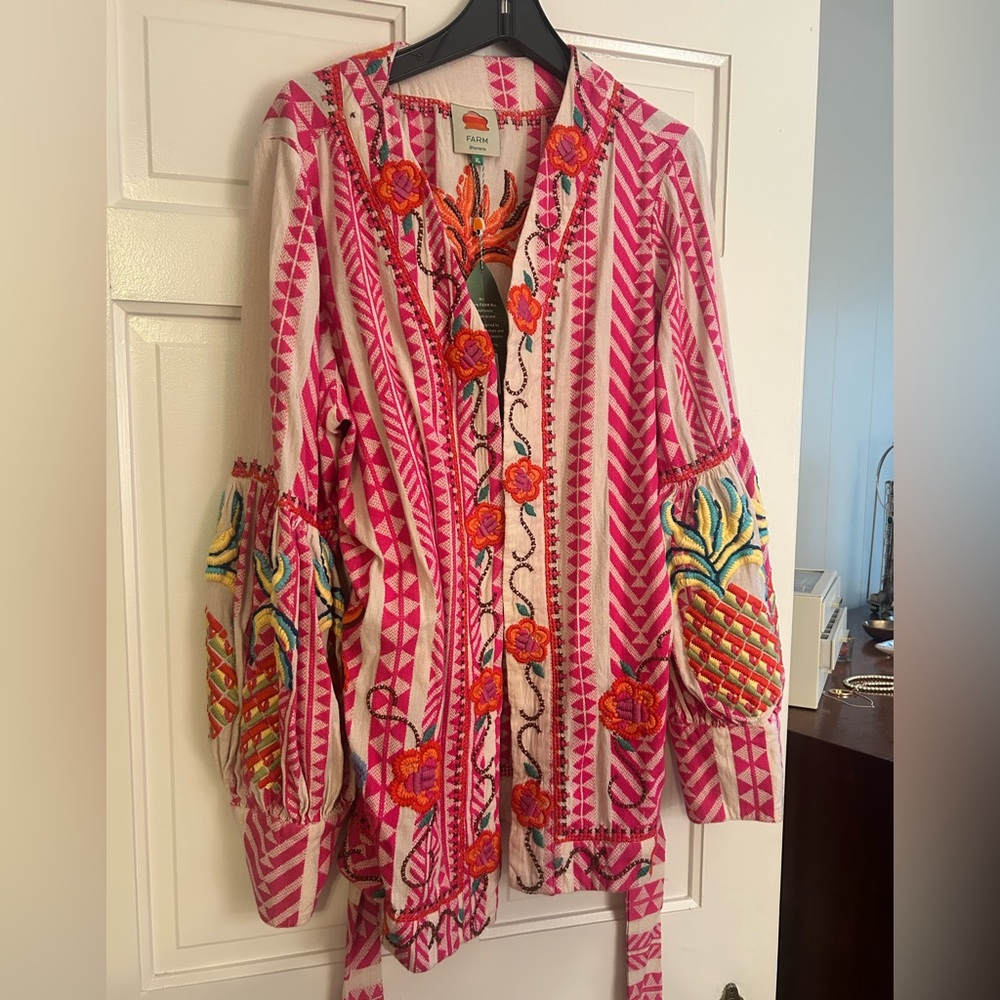 Farm Rio Embroidered jacquard Pink and Cream Belted jacket - Picture 6 of 15